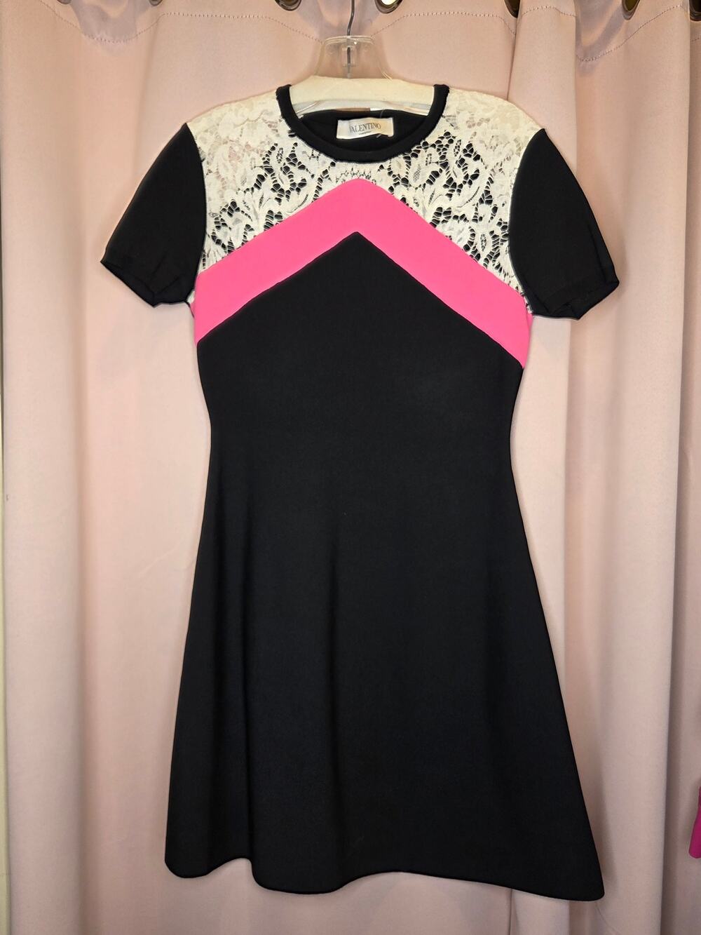 Valentino Black Chevron Lace-Paneled Stretch-Knit Mini Dress Black/ Pink- Size S